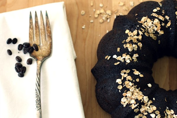 Chocolate olive oil bundt cake with coffee and oats