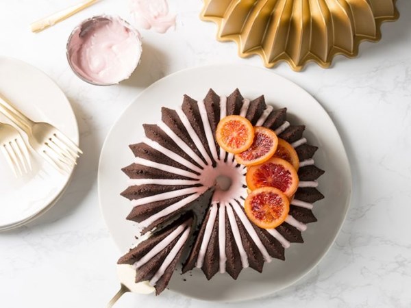 Chocolate olive oil cake with blood orange glaze
