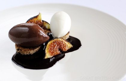 Chocolate orange mousse, spiced fruit brioche and yoghurt sorbet