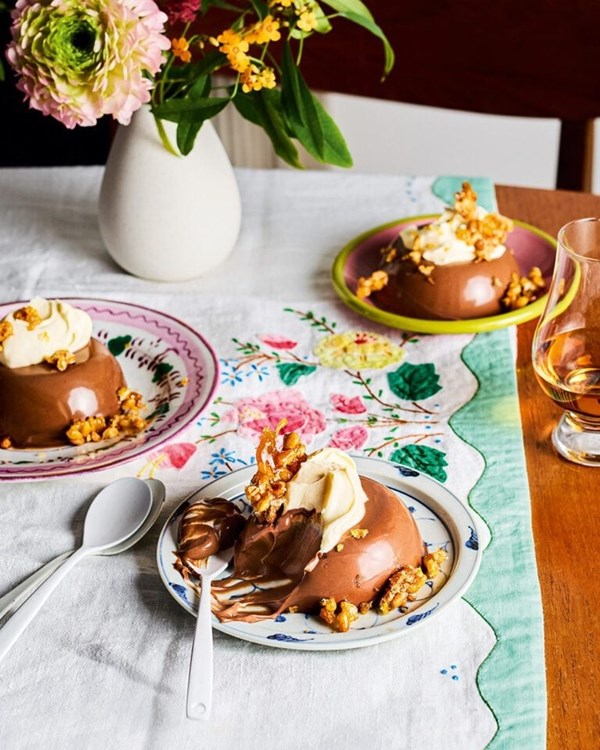 Chocolate pannacottas with pine nut and puffed rice praline
