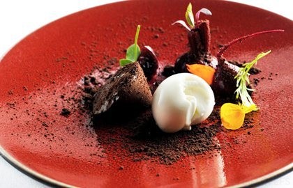 Chocolate parfait with beetroots, yoghurt ice cream and chocolate soil