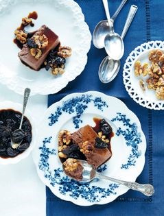 Chocolate parfait with coffee prunes and sugary walnuts