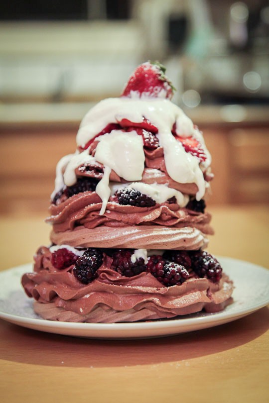 Chocolate Pavlova with chocolate mascarpone mousse and fresh berries
