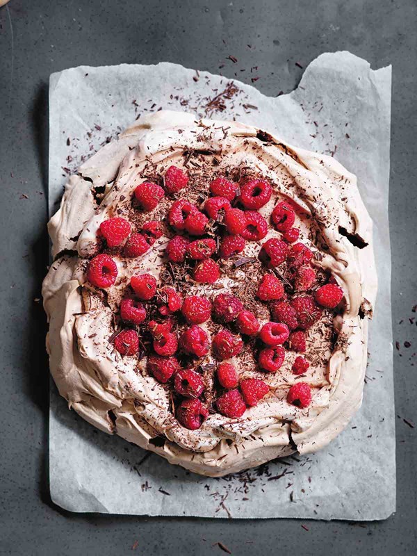 Chocolate Pavlova with raspberries