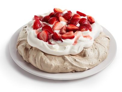 Chocolate Pavlova with strawberries and cream