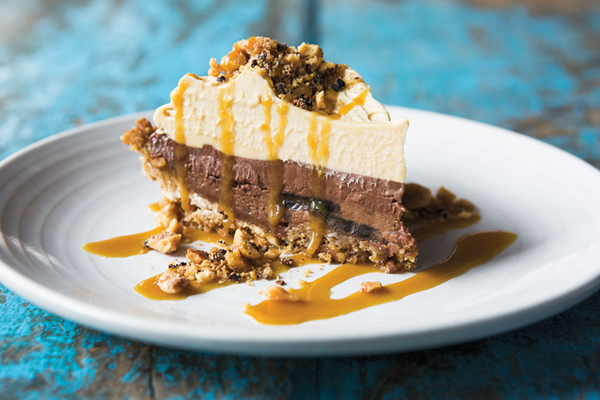 Chocolate, peanut butter & banana pie with candied spicy peanuts