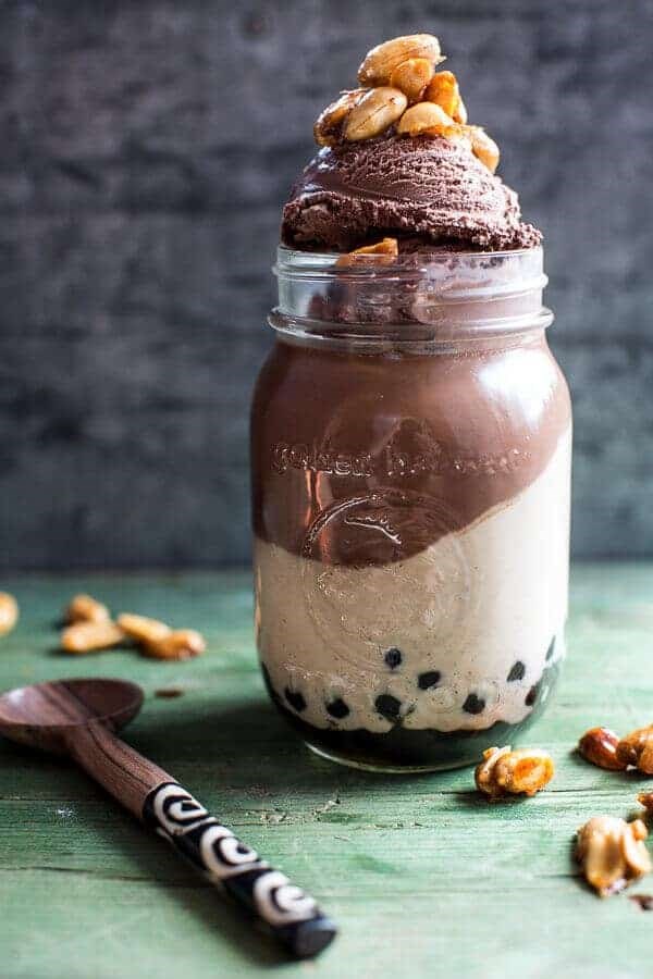 Chocolate peanut butter bubble (boba) panna cotta with honey roasted peanuts