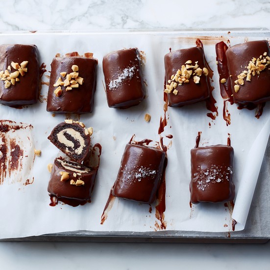 Chocolate-peanut butter Swiss rolls