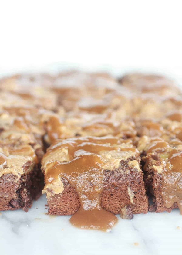 Chocolate peanut butter upside down banana cake