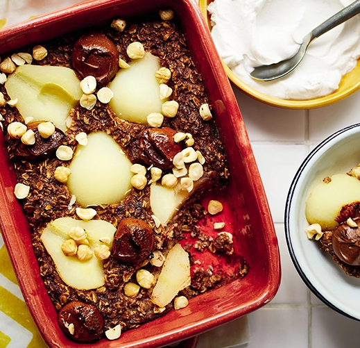 Chocolate, pear + oat breakfast traybake