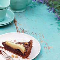 Chocolate, pear and hazelnut truffle tart