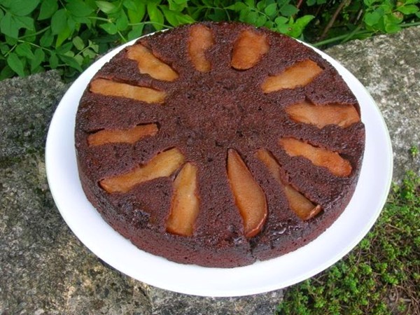 Chocolate pear cardamom upside-down cake