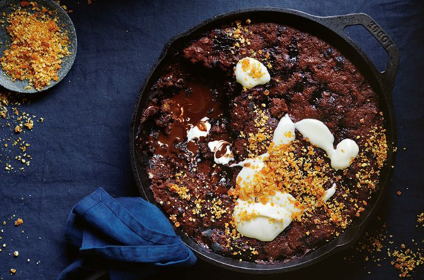 Chocolate pecan pie pudding with maple creme fraiche