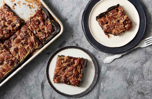 Chocolate pecan slab pie