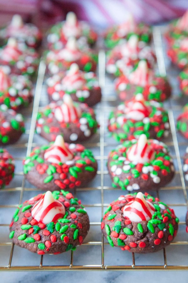 Chocolate peppermint Kisses cookies