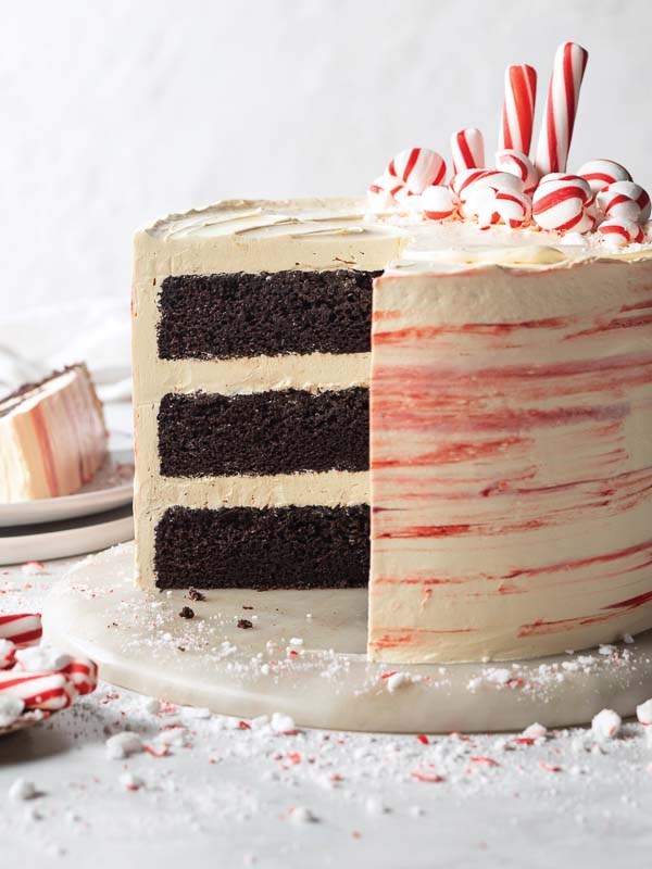 Chocolate-peppermint layer cake with caramelized white chocolate buttercream