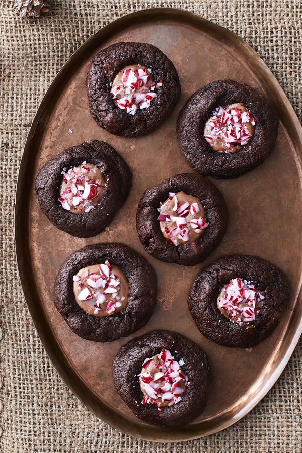 Chocolate-peppermint thumbprint cookies