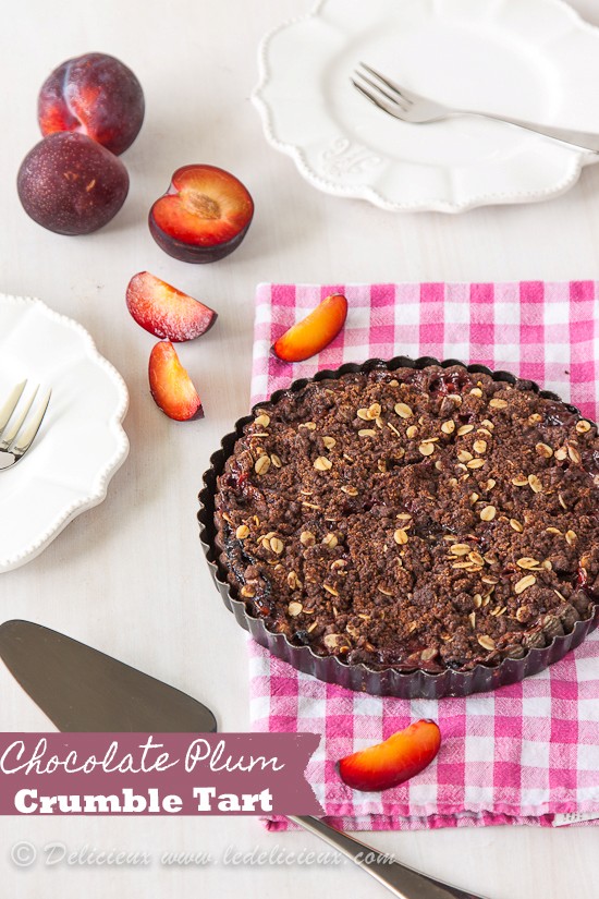 Chocolate plum crumble tart