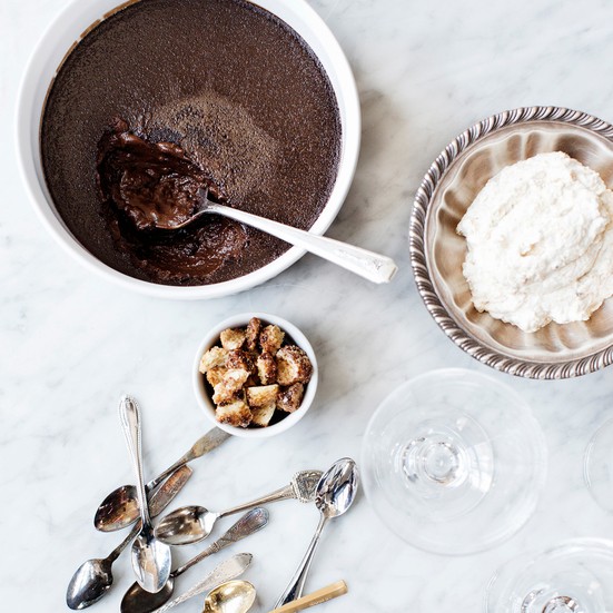 Chocolate pot de crème with candied brioche whipped cream