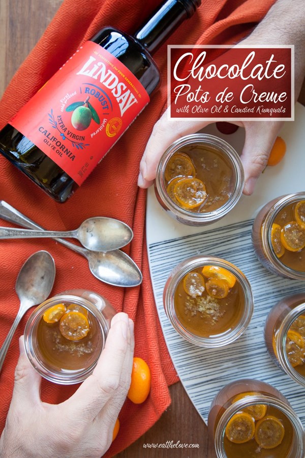 Chocolate pots de creme with olive oil, sea salt and candied kumquats