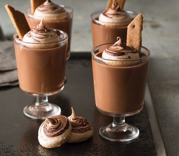Chocolate pots de crème with toasted meringue