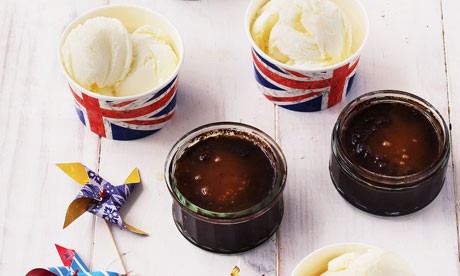 Chocolate pots with salted caramel centre and banana ice cream