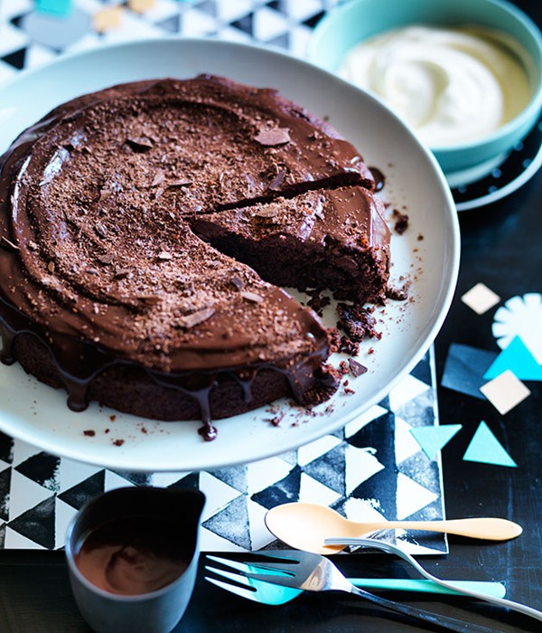 Chocolate, prune and walnut cake with chocolate and sherry ganache