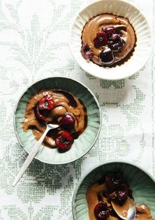 Chocolate pudding w/ coffee-soaked black cherries