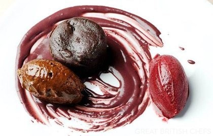 Chocolate pudding with lavender sorbet
