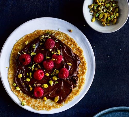 Chocolate, raspberry & pistachio pancakes