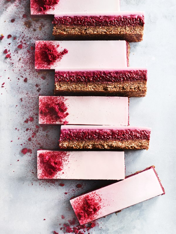 Chocolate, raspberry and coconut panna cotta bars