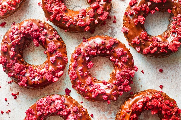 Chocolate-raspberry French crullers with fudge glaze