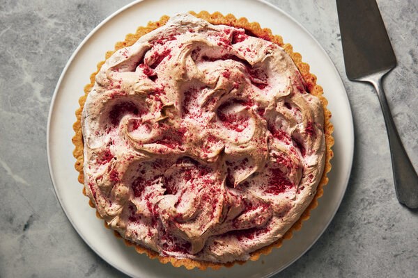Chocolate raspberry meringue tart