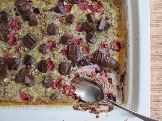 Chocolate raspberry pistachio clafoutis