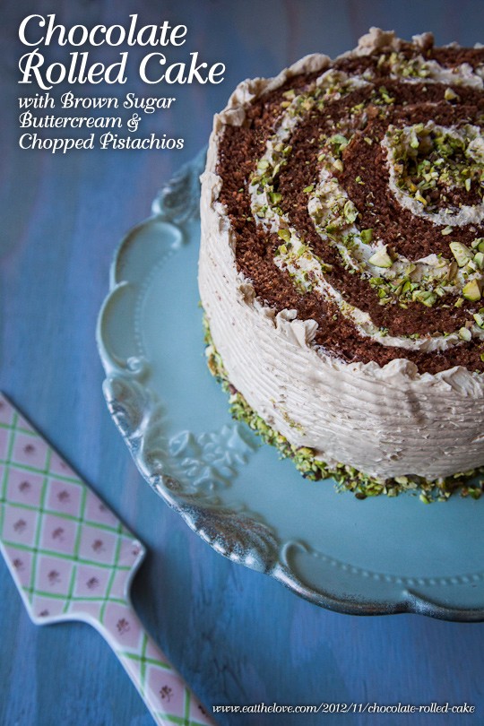 Chocolate rolled cake with brown sugar buttercream & pistachios