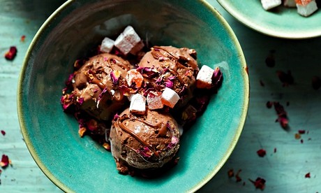 Chocolate, rose and walnut ice-cream