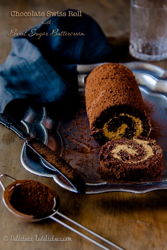 Chocolate roulade with burnt sugar Italian meringue buttercream