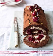 Chocolate roulade with chestnut and Morello cherry cream