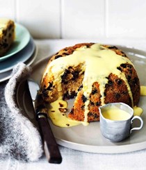 Chocolate, rum and raisin steamed pudding