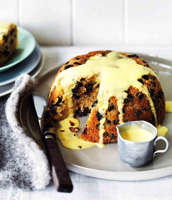 Chocolate, rum and raisin steamed pudding