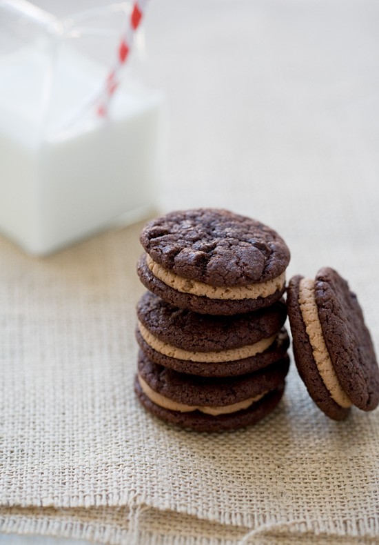 Chocolate sandwich cookies with malted milk chocolate buttercream