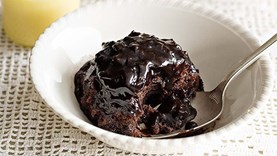 Chocolate self-saucing pudding with passionfruit posset [Stephen Barry]