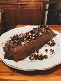 Chocolate semifreddo with candied salted almonds