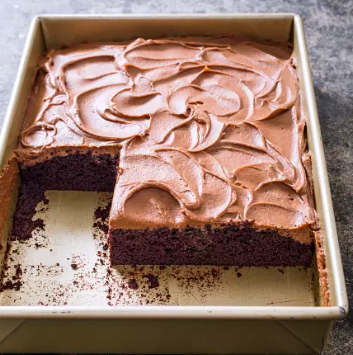Chocolate sheet cake with milk chocolate frosting