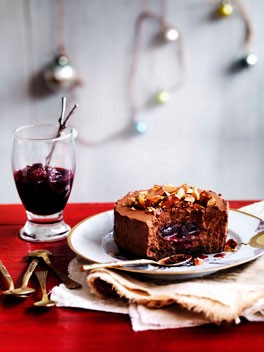 Chocolate shortbread and truffle cakes with sour cherry jam