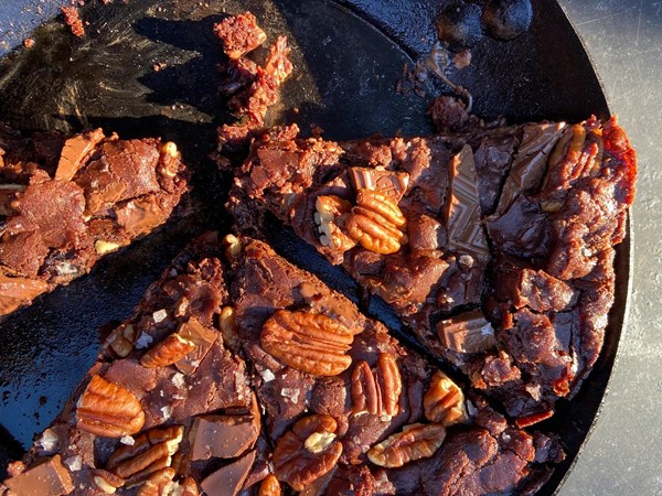 Chocolate skillet cookie with walnuts & cherries