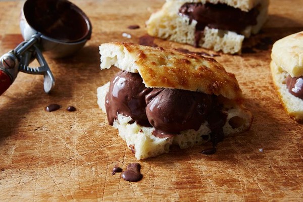 Chocolate sorbet and focaccia ice cream sandwiches