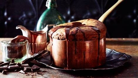 Chocolate soufflé with hazelnut ganache