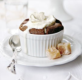 Chocolate soufflés with brown sugar and rum whipped cream