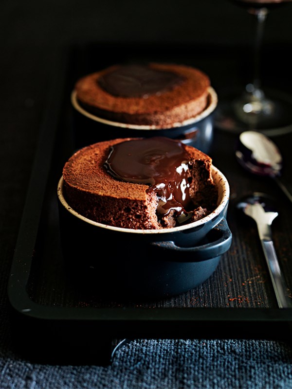 Chocolate soufflés with chocolate sauce